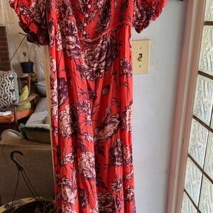 Anthropologie Red Floral Maxi Dress with Puff Sleeves
